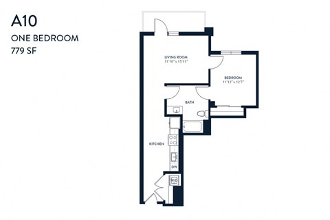 Floor plan for 1 bed, 1 bath, 779 sqft